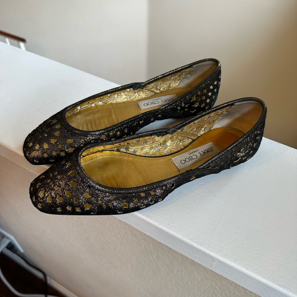 Jimmy Choo Black Gold Shimmer perforated flats